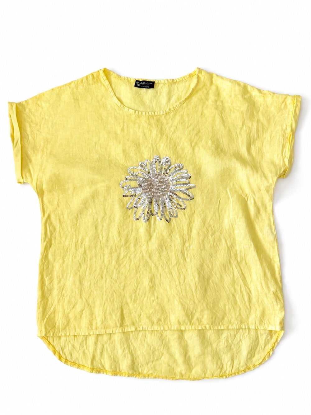 Italy 100% Linen Yellow Bella Amore Sequin Daisy Top Floral boho Lagenloo